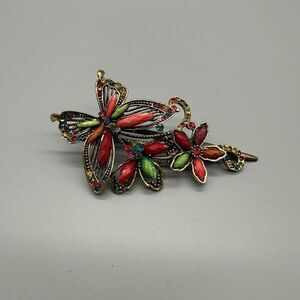 Vintage 1980s Hair Clip Gold Colored Metal Butterfly Colorful Rhinestones Beads